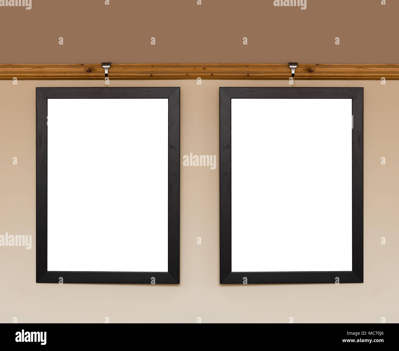 Blank photo frame hanging on a dado rail in a living room Stock Photo