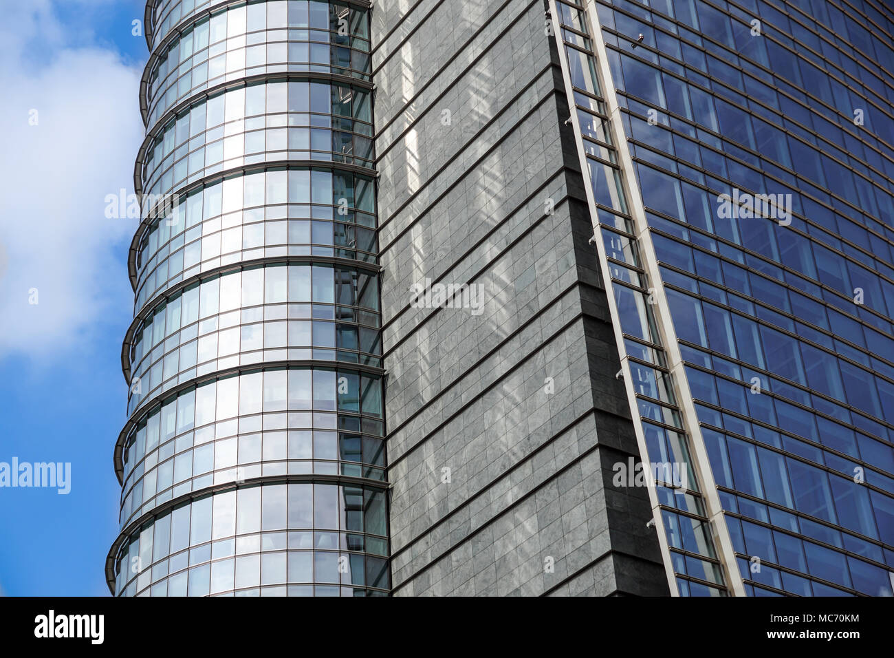 Looking up at high rise office building architecture against blue sky in  the financial district of Toronto in Ontario, Canada, business and finance  concept. Stock Photo