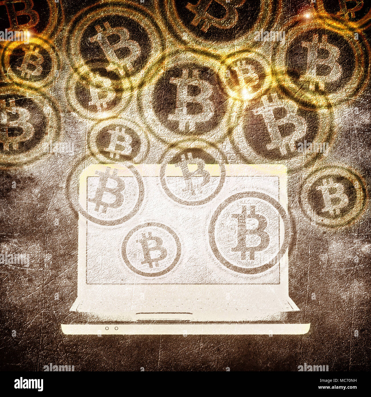 laptop and bitcoin symbol digital illustration Stock Photo
