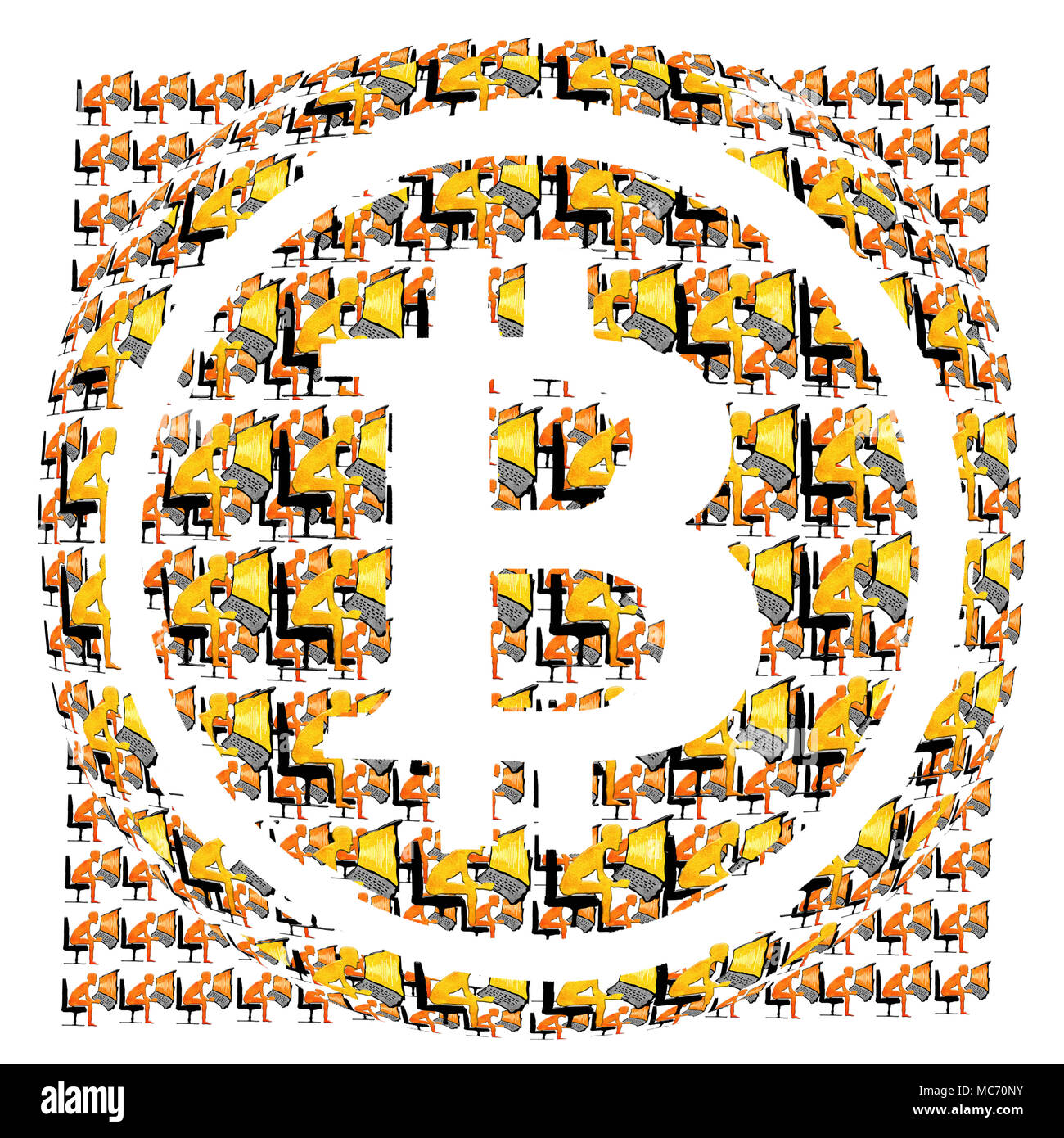bitcoin symbol and many miners digital illustration Stock Photo