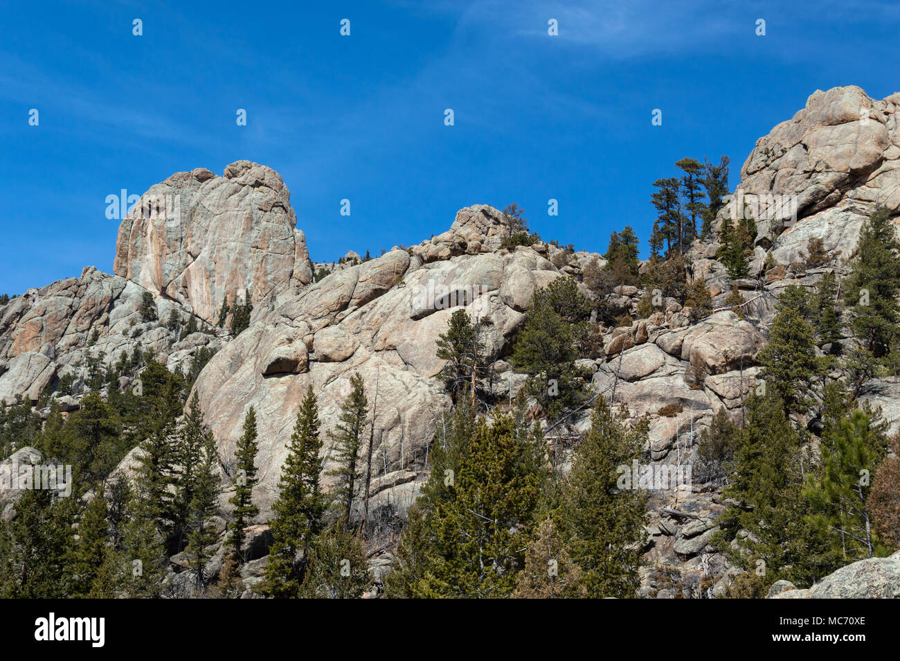 Twin Owls Rock as Viewed from the Lumpy Ridge Trail Stock Photo