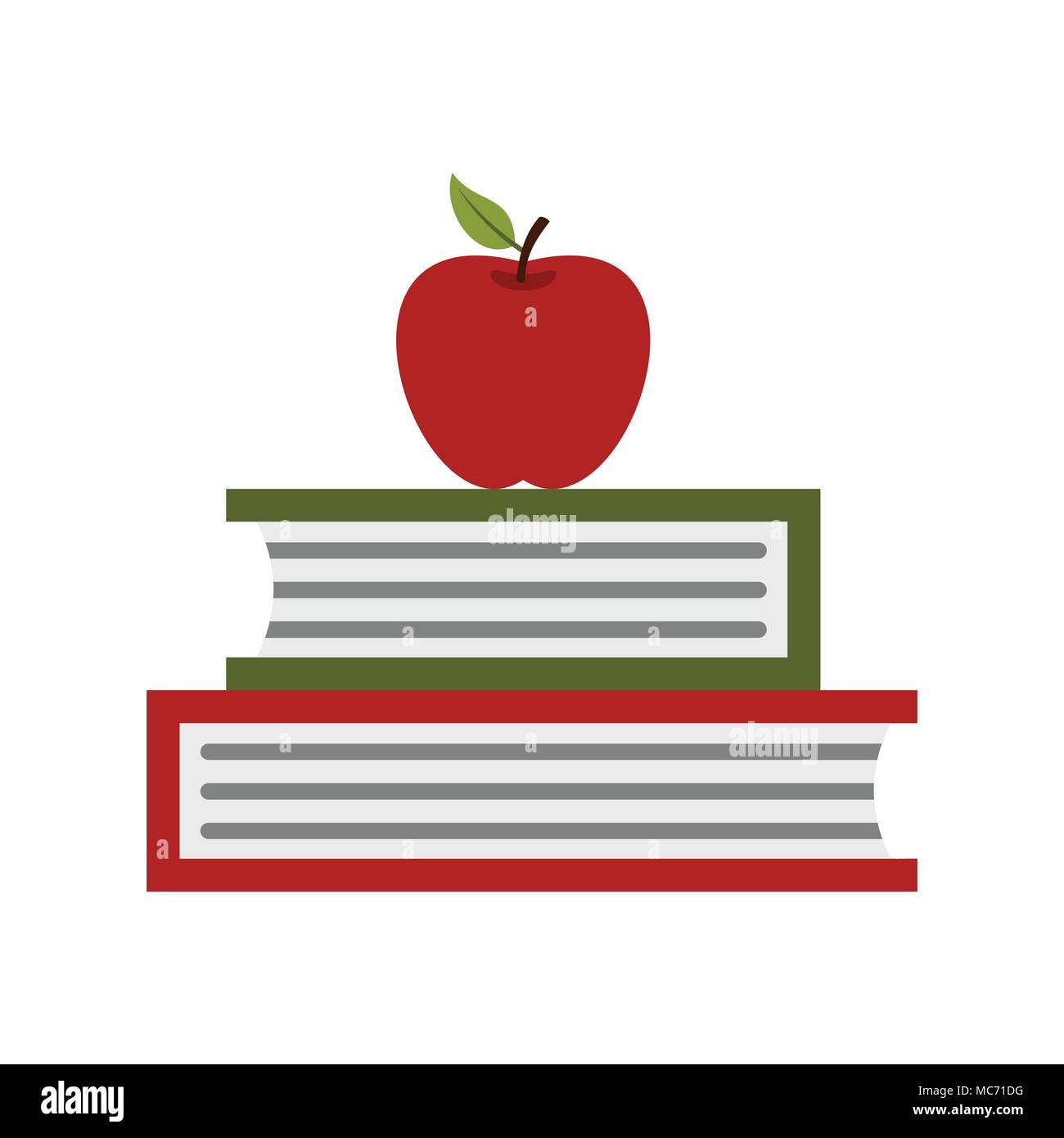 Two books with red apple icon, flat style Stock Vector