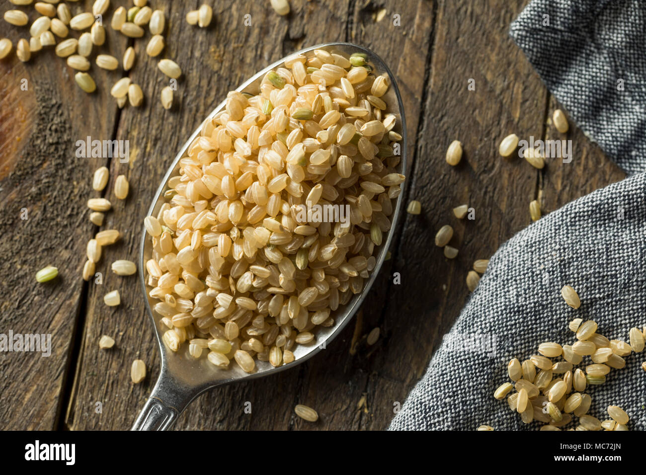 Raw Organic Short Grain Brown Rice in a Bowl Stock Photo