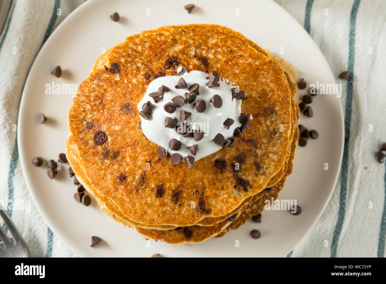 Homemade Chocolate Chip Pancakes with Whipped Cream Stock Photo