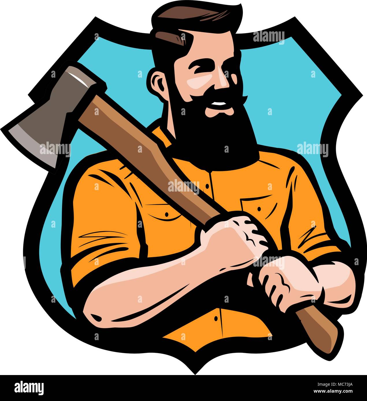 Sawmill, joinery, carpentry logo or label. Lumberjack holding axe his hands. Cartoon vector illustration Stock Vector
