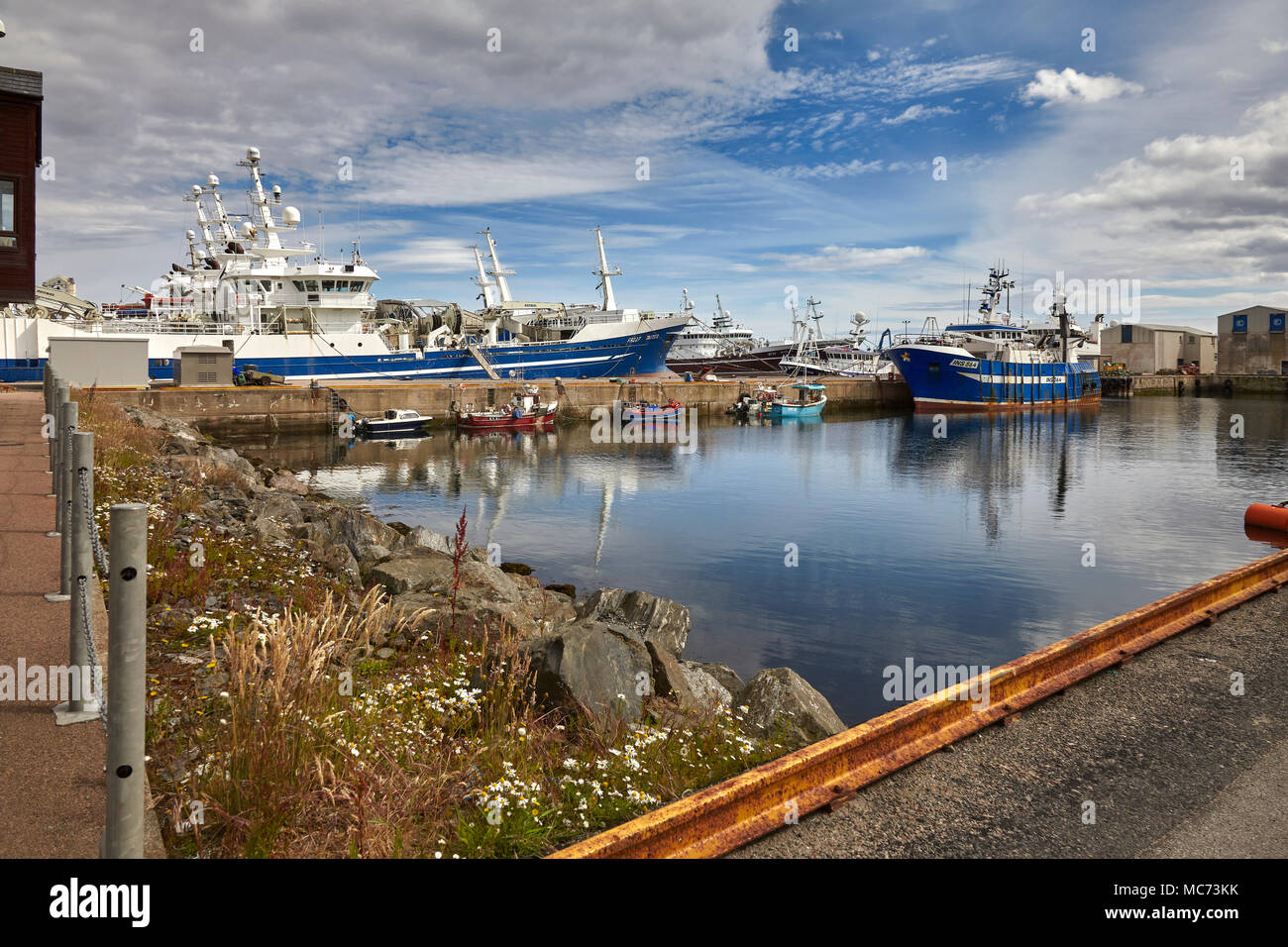 Inverness registered trawler Artemis INS564 moored with other small fishing craft, at Fraserburgh Harbour. Pelagic trawlers moored in background. Stock Photo