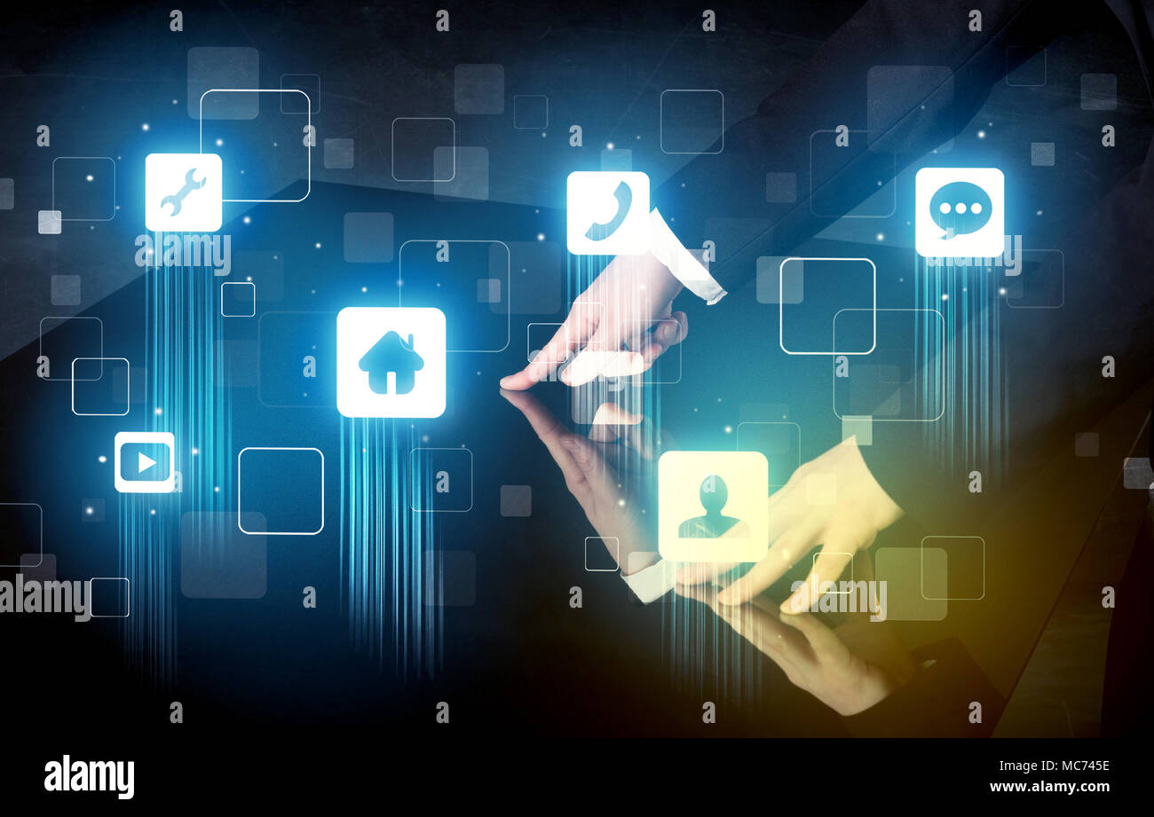 Modern smart table with high tech icons on its interface screen concept ...