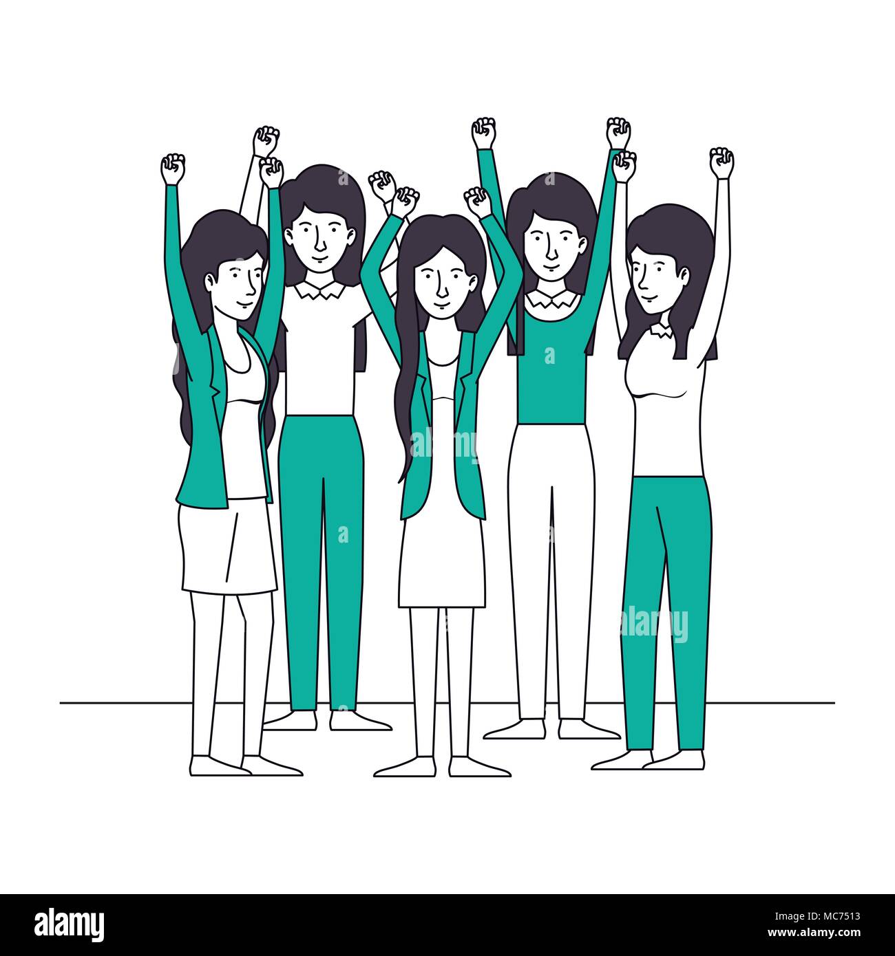 group-of-women-with-hands-up-and-green-clothes-stock-vector-image-art