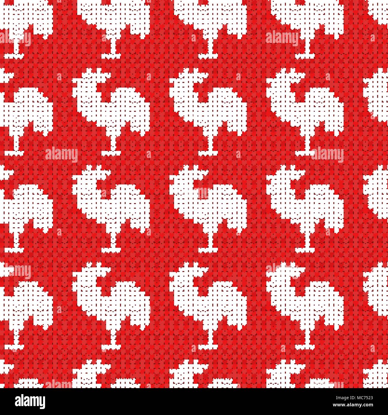 Knitting red with roosters Stock Vector