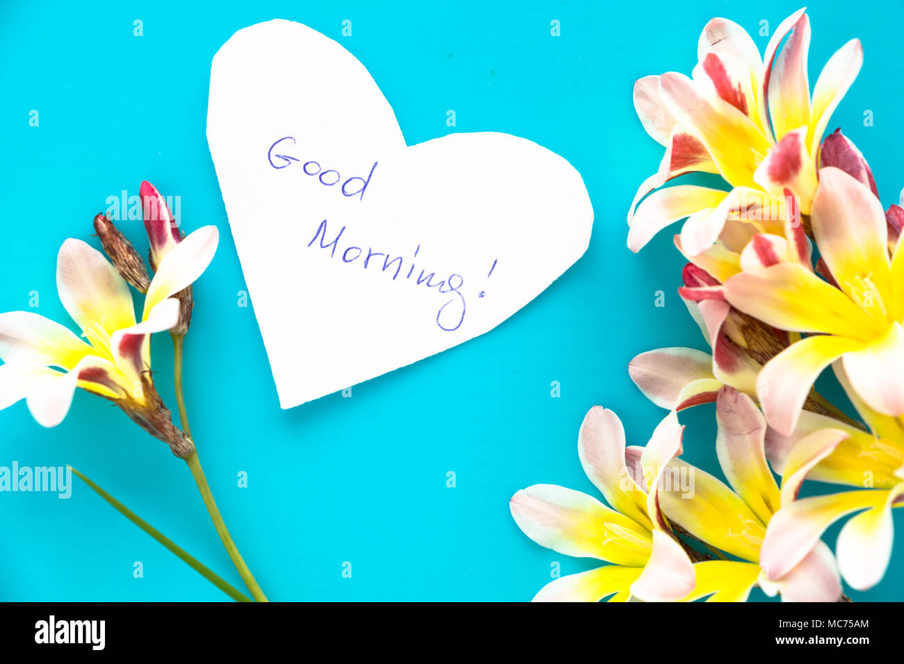 Note in shape of heart with words Good Morning, with flowers on blue surface. Stock Photo
