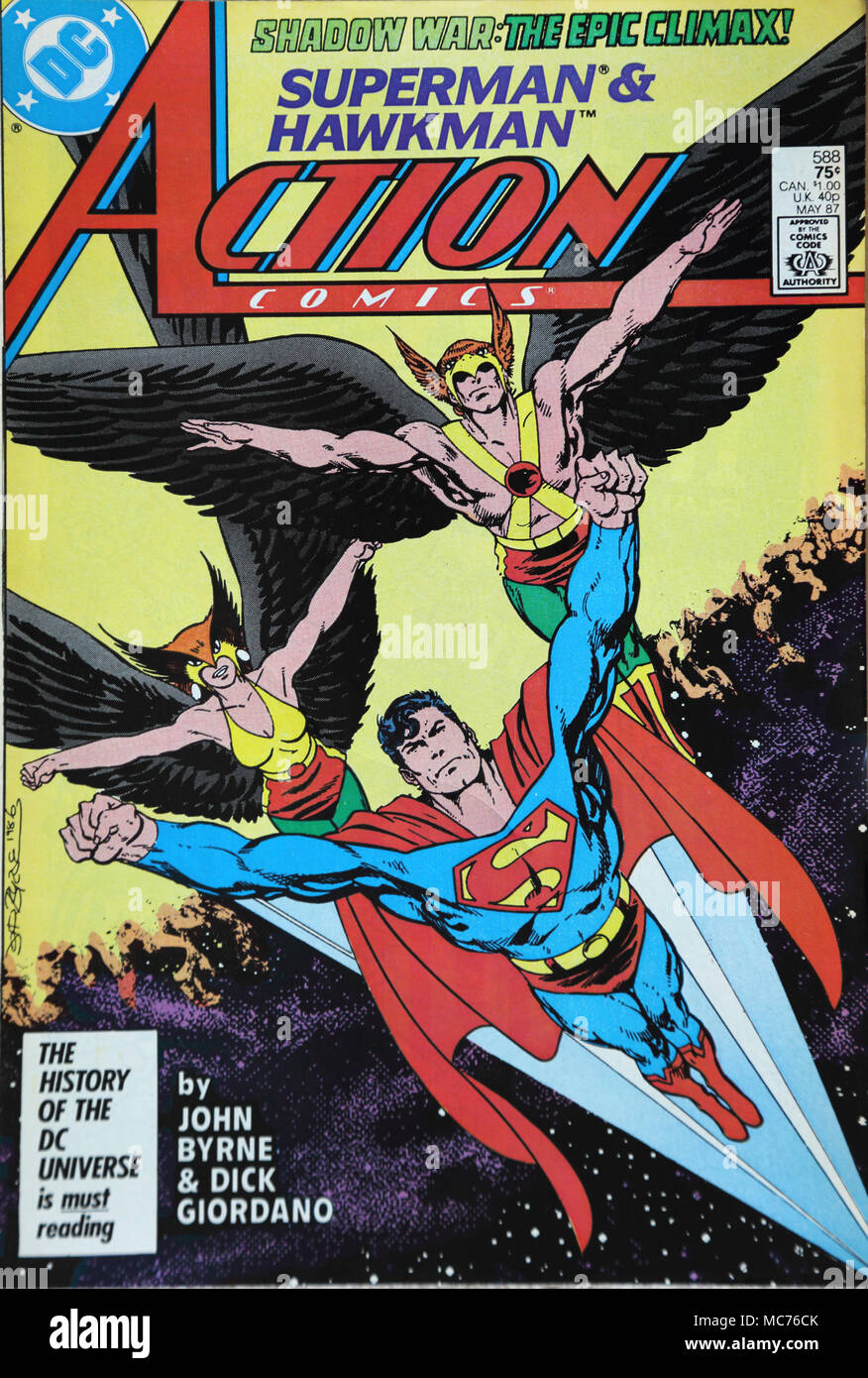 Vintage DC Action Comic Book Superman and Hawkman Stock Photo