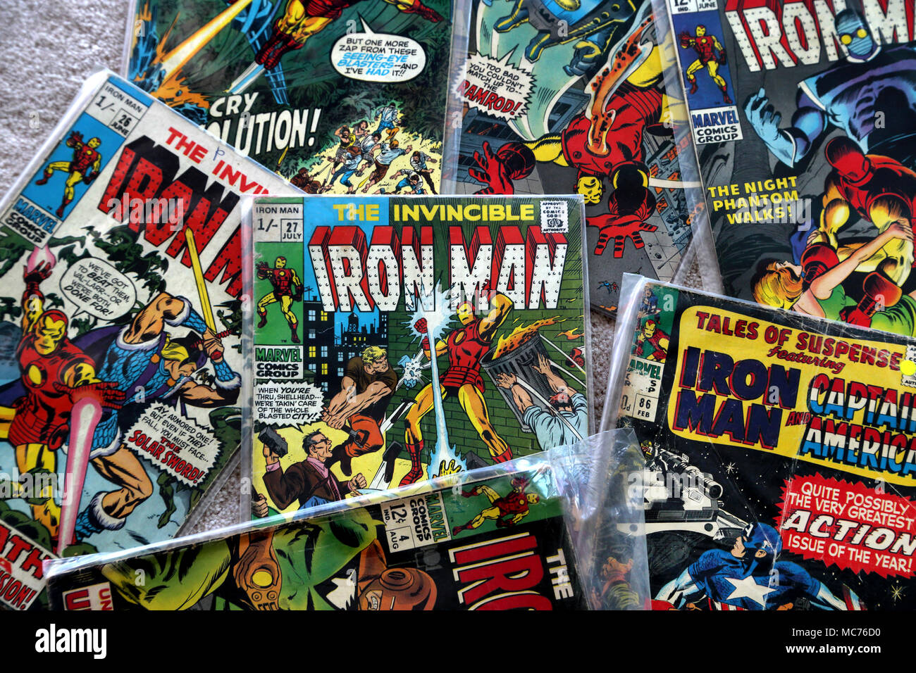 Collection of The Invincible Iron Man Vintage Marvel Comic Books Stock Photo
