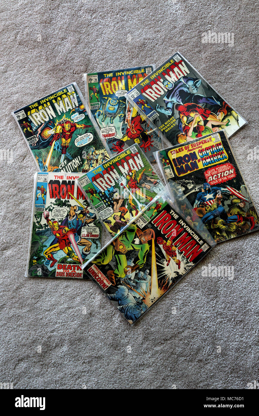 Collection of The Invincible Iron Man Vintage Marvel Comic Books Stock Photo