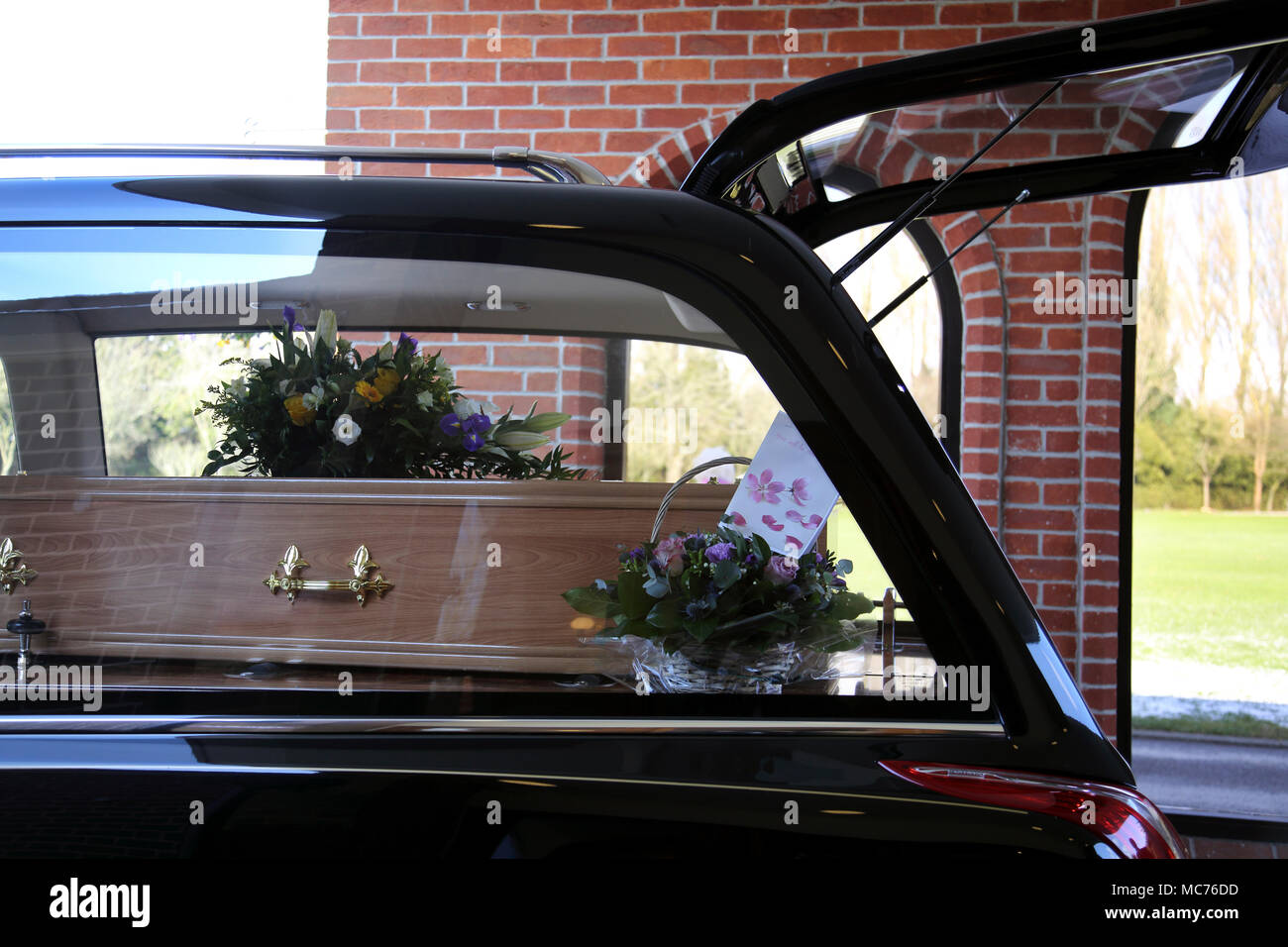 Coffin in Hearse at Crematorium Surrey England Stock Photo
