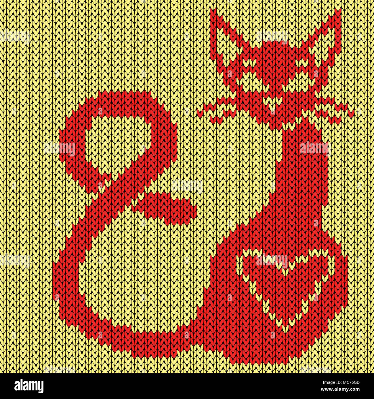 Red Kitten with image of heart and with long tail on the yellow background, knitting pattern as a fabric texture Stock Vector