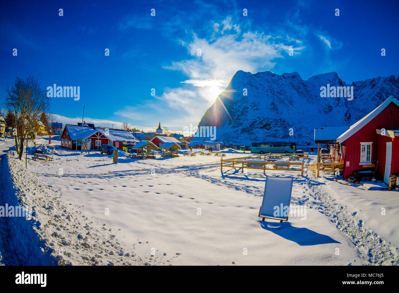 SVOLVAER, LOFOTEN ISLANDS, NORWAY - APRIL 10, 2018: Outdoor view of beautiful rorbu or fisherman houses in a small town in Svolvaer Lofoten Islands Stock Photo