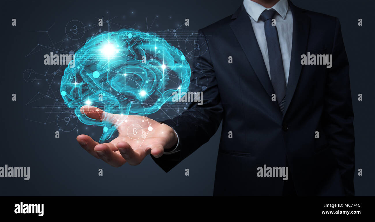 Businessman Holding Human Brain On His Hand With Logistics Symbols 