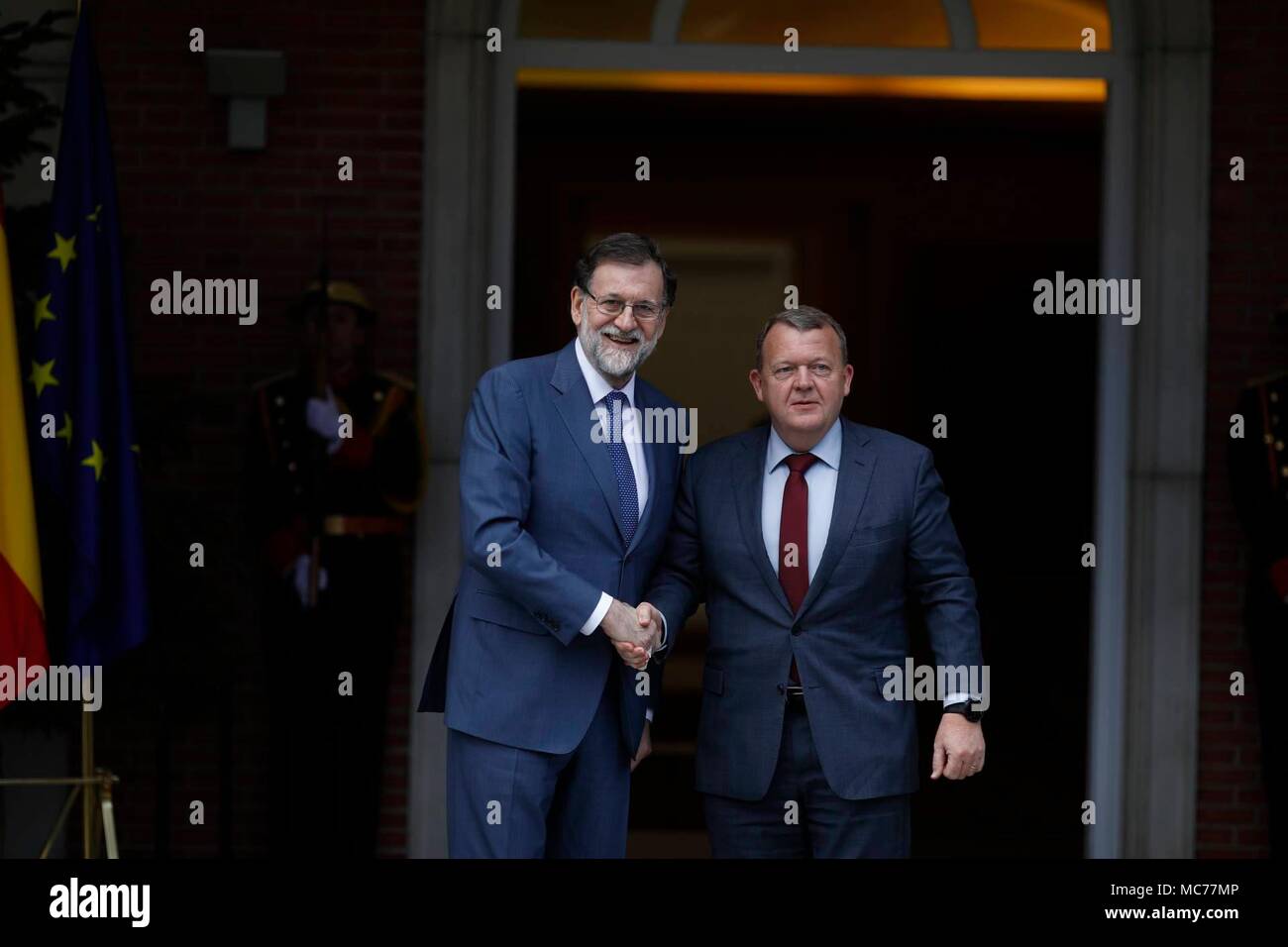 Spanish President Mariano Rajoy and Denmark Prime Minister, Lars Lokke Rasmussen  during a ceremony at Moncloa Palace on April 13, 2018 in Madrid.  Cordon Press/EP888 Stock Photo