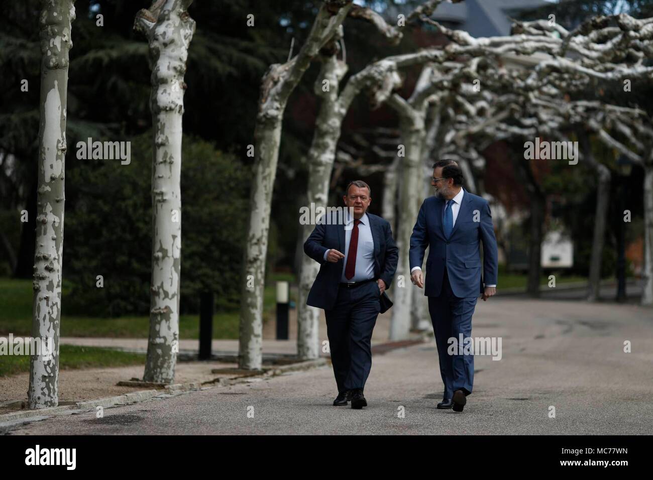 Spanish President Mariano Rajoy and Denmark Prime Minister, Lars Lokke Rasmussen  strolling through the garden of the Moncloa Palace on April 13, 2018 in Madrid.  Cordon Press/EP888 Stock Photo