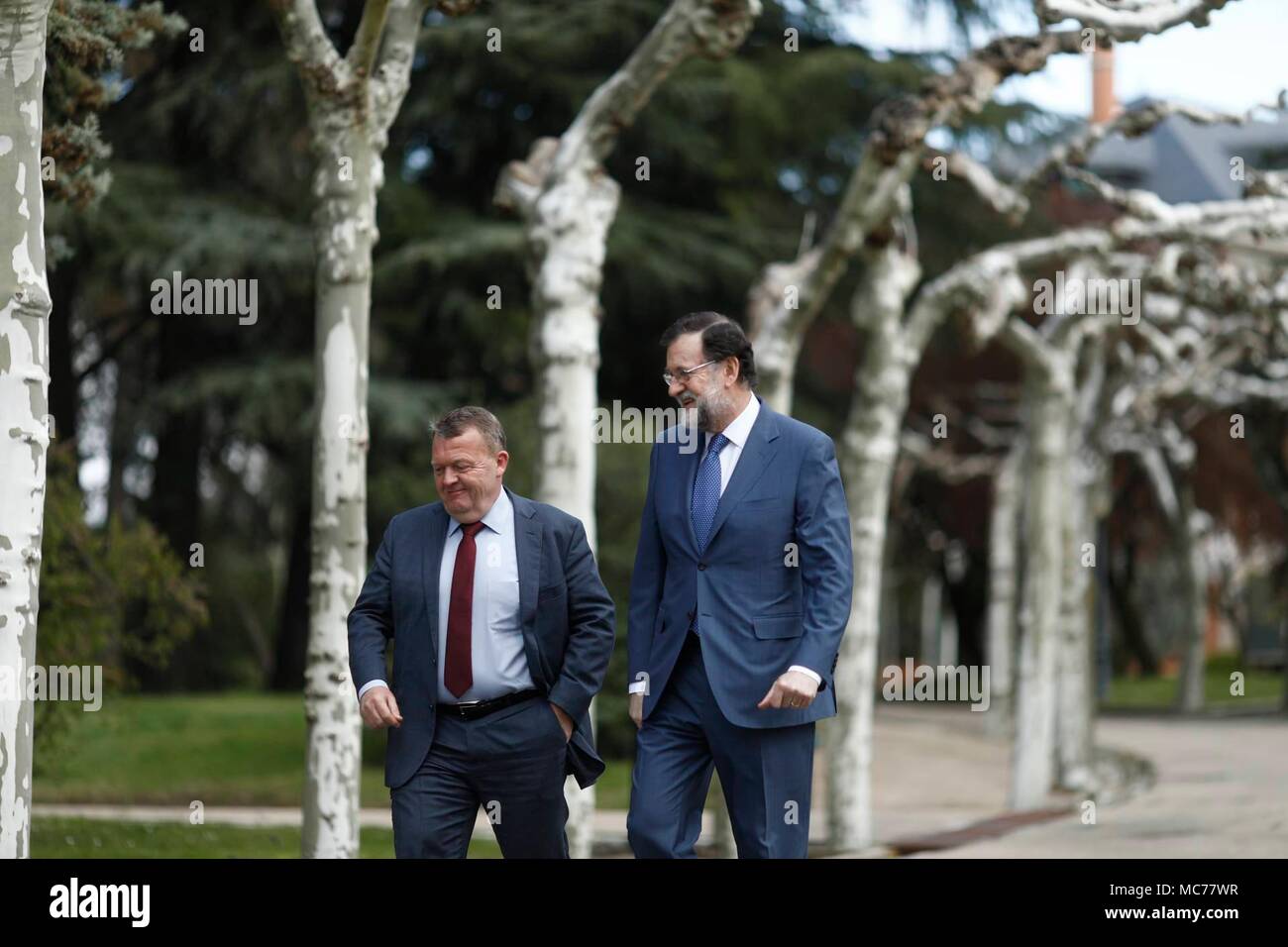 Spanish President Mariano Rajoy and Denmark Prime Minister, Lars Lokke Rasmussen  strolling through the garden of the Moncloa Palace on April 13, 2018 in Madrid.  Cordon Press/EP888 Stock Photo