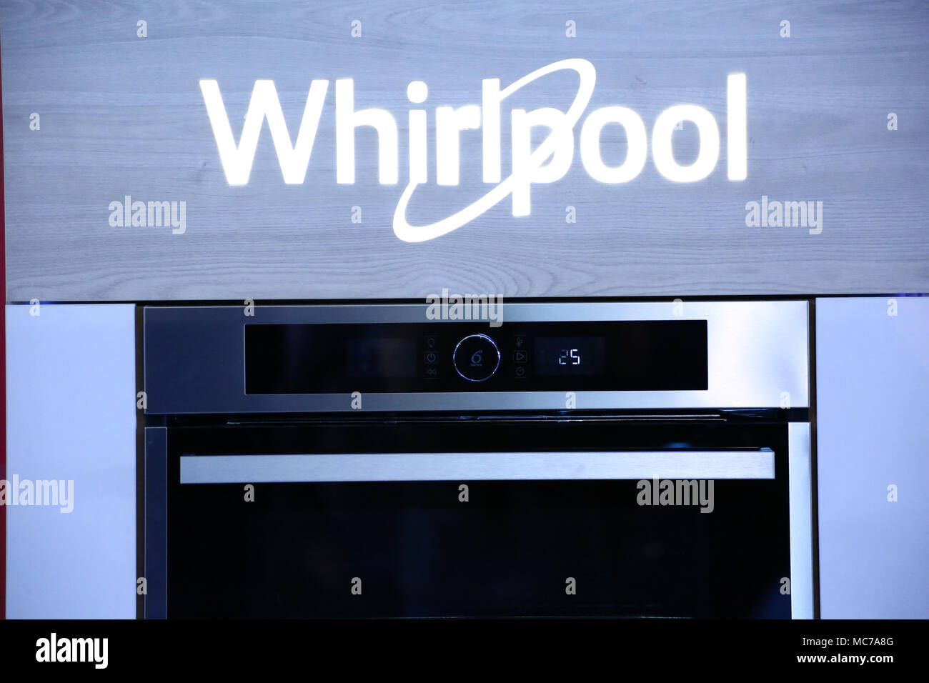 Nadarzyn, Poland, 13th April 2018: Warsaw expo center PTAK presents electroincs show. Main show partner Media Markt hosts several exhibitors as LG, Samsung, Tesla, Grundig and Beko. ©Jake Ratz/Alamy Live News Stock Photo
