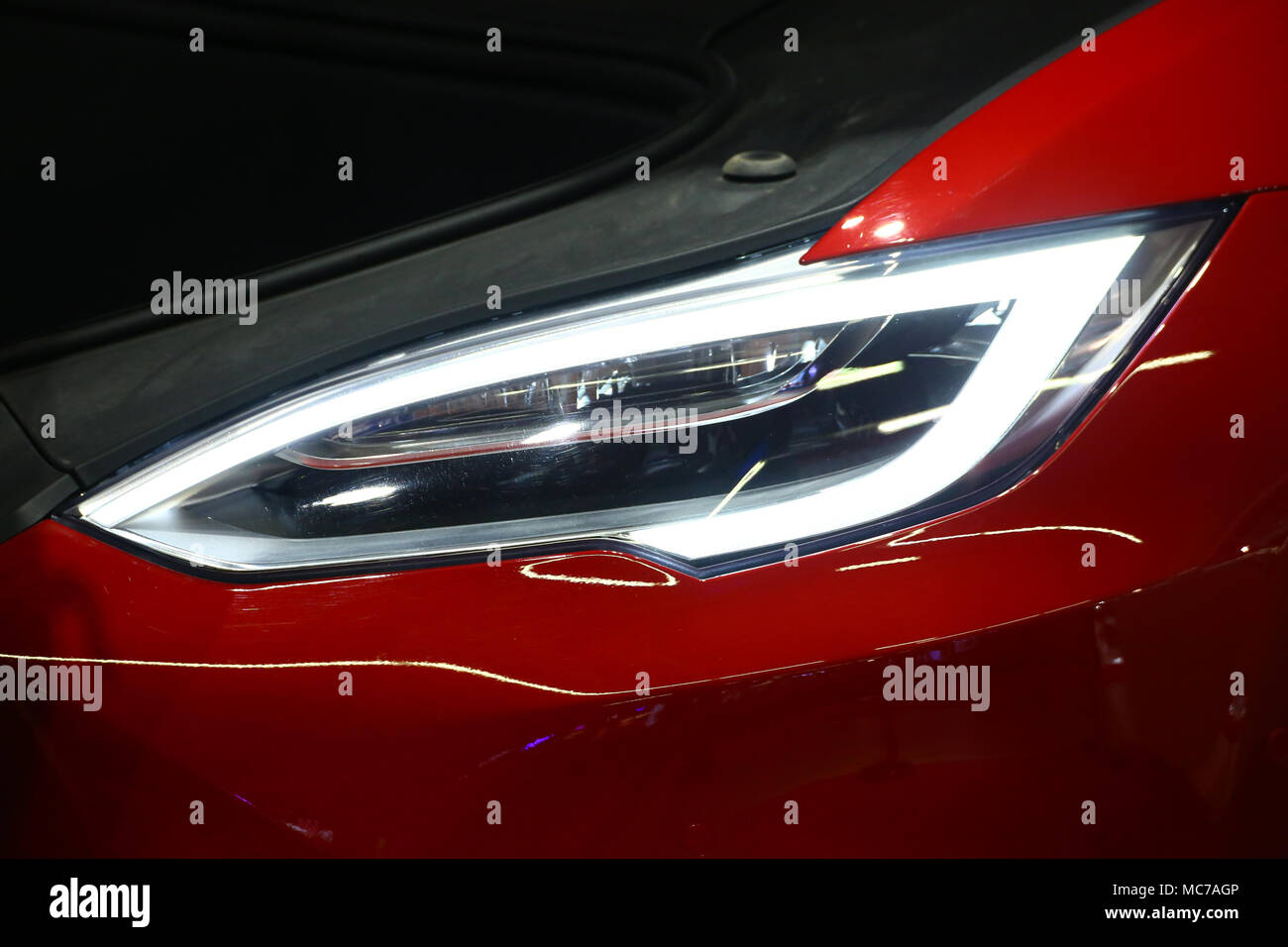 Nadarzyn, Poland, 13th April 2018: Warsaw expo center PTAK presents electroincs show. Main show partner Media Markt hosts several exhibitors as LG, Samsung, Tesla, Grundig and Beko. ©Jake Ratz/Alamy Live News Stock Photo
