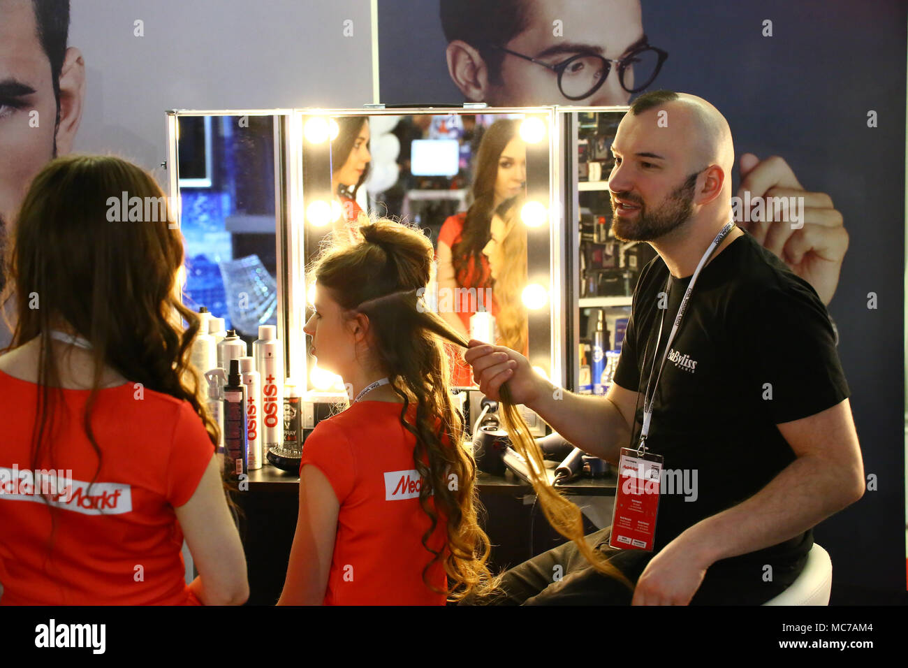 Nadarzyn, Poland, 13th April 2018: Warsaw expo center PTAK presents electroincs show. Main show partner Media Markt hosts several exhibitors as LG, Samsung, Tesla, Grundig and Beko. ©Jake Ratz/Alamy Live News Stock Photo