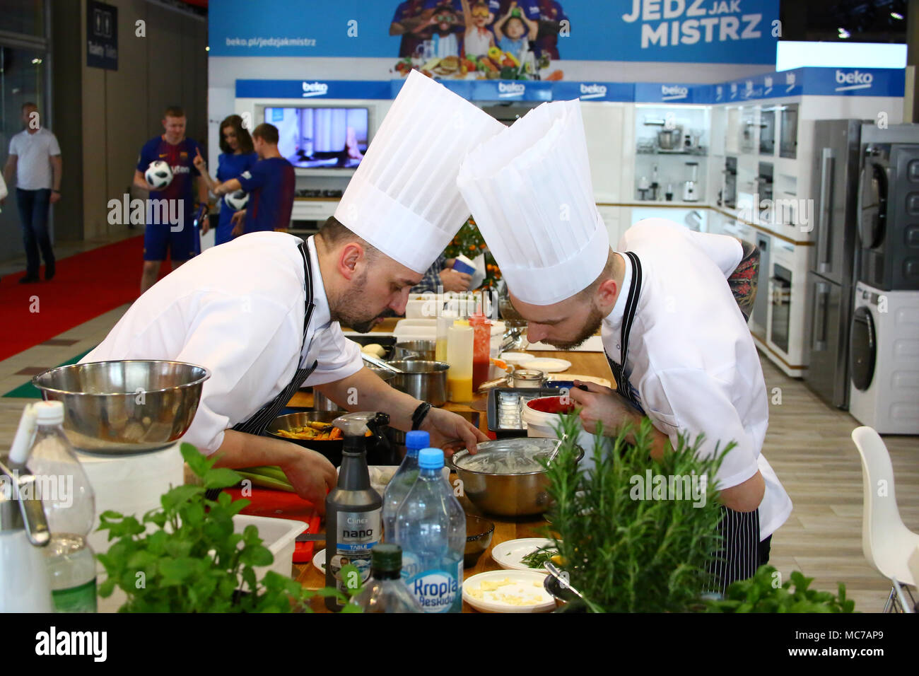 Nadarzyn, Poland, 13th April 2018: Warsaw expo center PTAK presents electroincs show. Main show partner Media Markt hosts several exhibitors as LG, Samsung, Tesla, Grundig and Beko. ©Jake Ratz/Alamy Live News Stock Photo