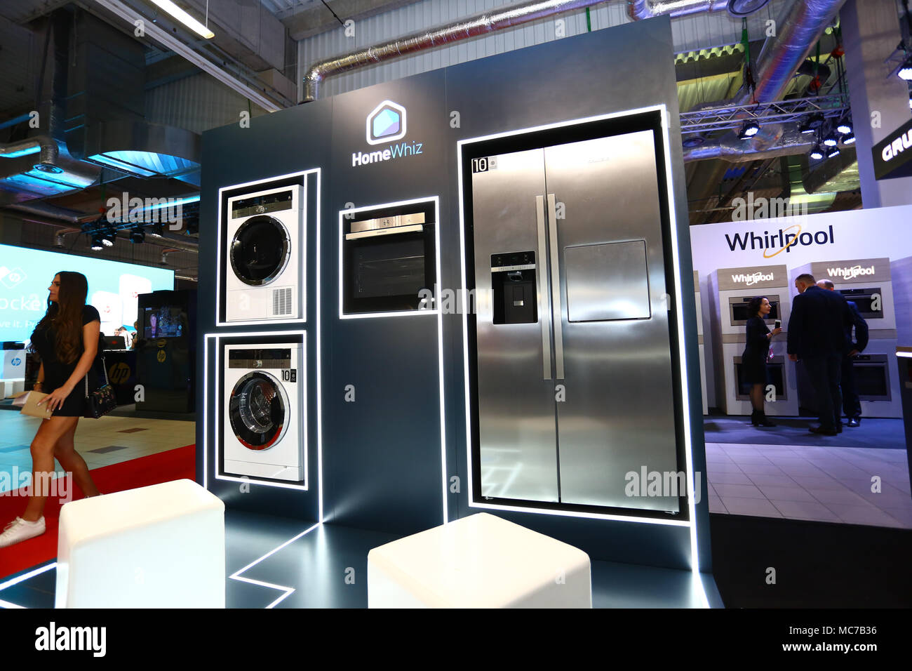 Nadarzyn, Poland, 13th April 2018: Consumer Electronics Show started at PTAK Warsaw Expo center, presenting home appliances, shows and entertainment electronics. ©Madeleine Ratz/Alamy Live News Stock Photo