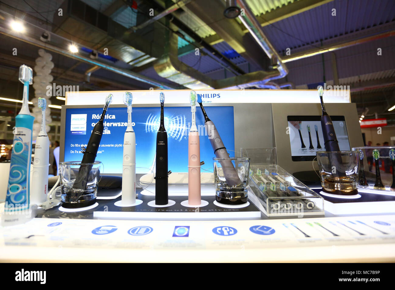 Nadarzyn, Poland, 13th April 2018: Consumer Electronics Show started at PTAK Warsaw Expo center, presenting home appliances, shows and entertainment electronics. ©Madeleine Ratz/Alamy Live News Stock Photo