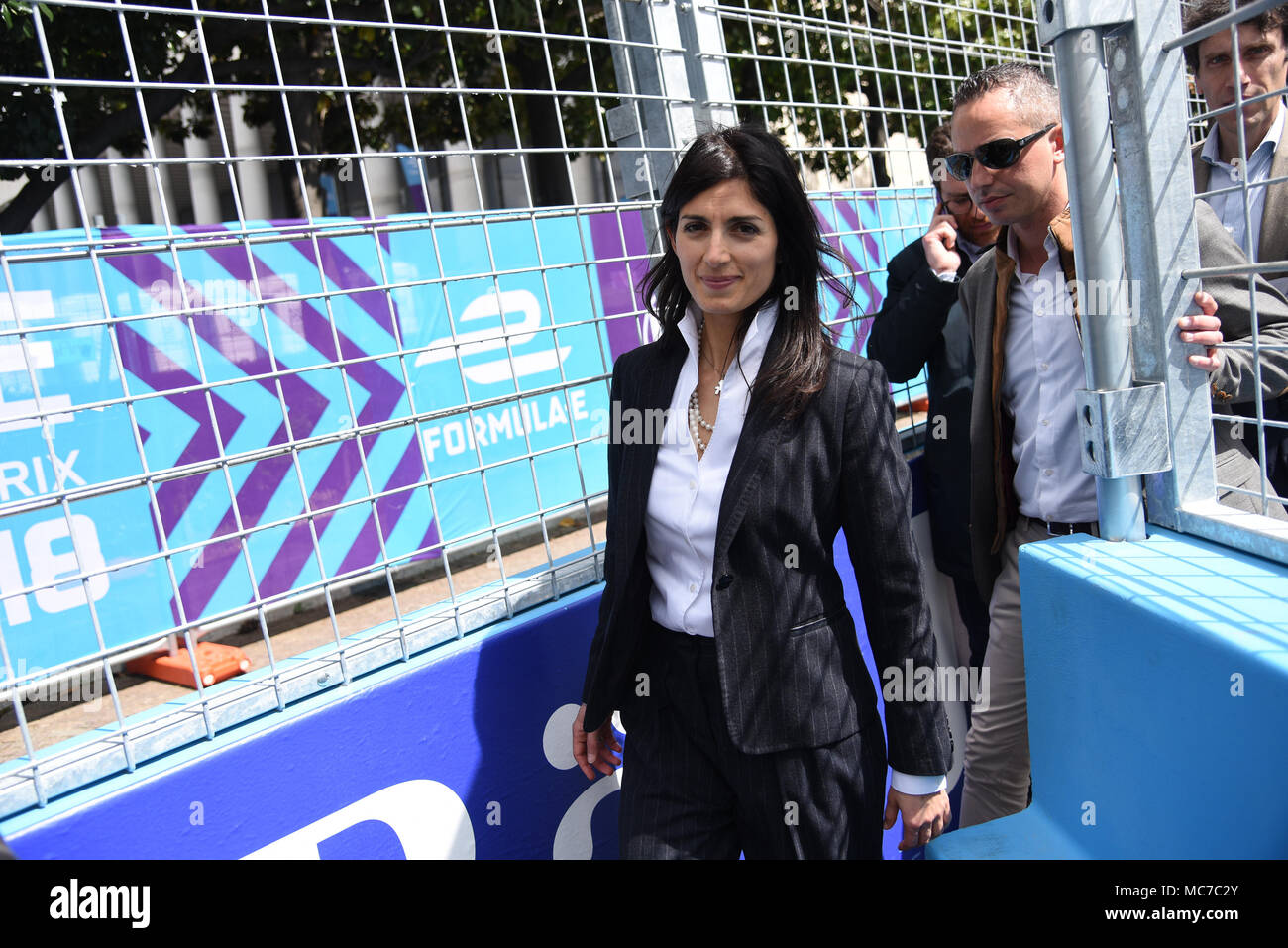 Rome, the mayor of Rome Virginia Raggi visiting the Formula E circuit, the Pit line and the Box. 13/04/2018, Rome, Italy Stock Photo