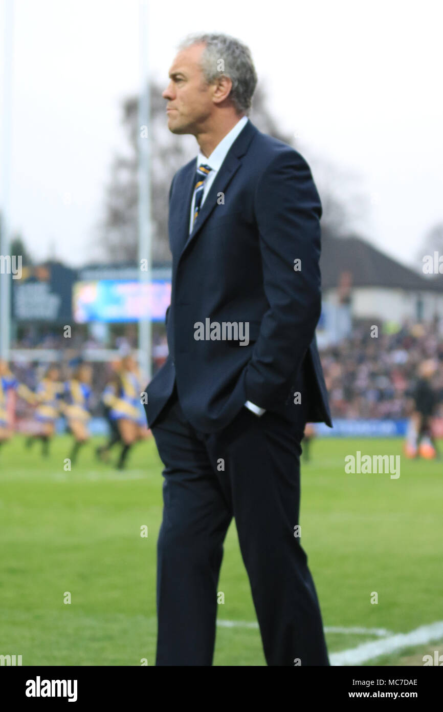 Leeds, UK. 13th April 2018, Headingley Stadium, Leeds, England; Betfred Super League rugby, Leeds Rhinos v Wigan Warriors;  Brian McDermott watching his Leeds Rhinos side in warm up Credit: News Images/Alamy Live News Stock Photo