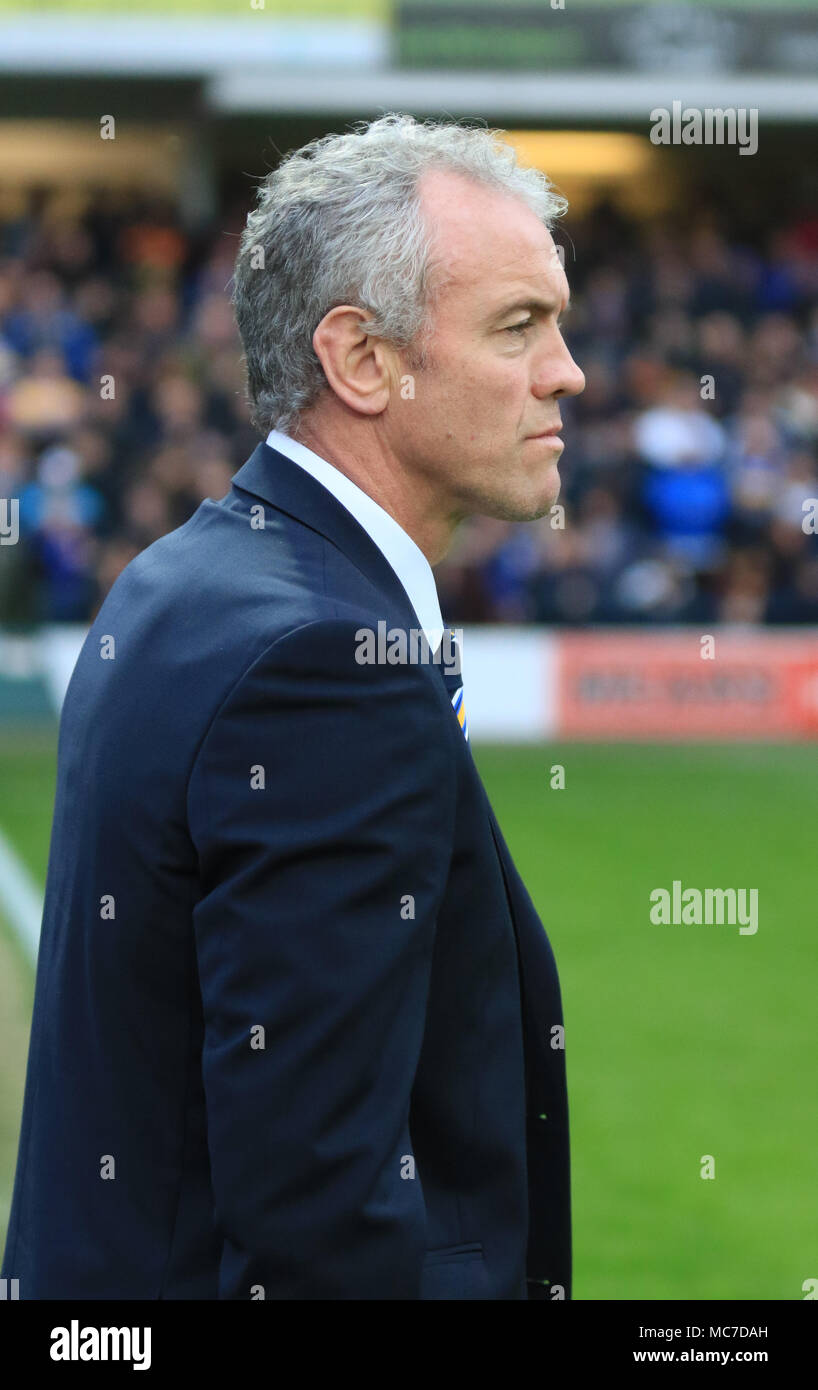 Leeds, UK. 13th April 2018, Headingley Stadium, Leeds, England; Betfred Super League rugby, Leeds Rhinos v Wigan Warriors; Brian McDermott watching his side warm up Credit: News Images/Alamy Live News Stock Photo