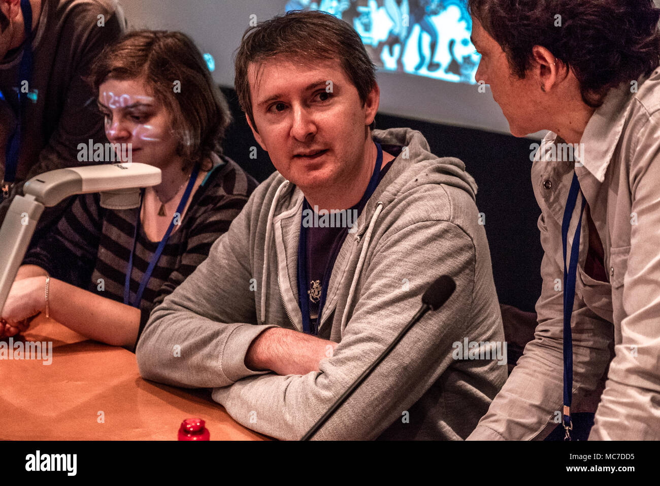 Barcelona, Spain. 13th Apr, 2018. French cartoonist Souillon, author of the character Maliki during his master class for school children. The36th Barcelona International Comic Fair from 12th-15th April 2018 in Fira Barcelona Montjuïc. Credit: SOPA Images Limited/Alamy Live News Stock Photo