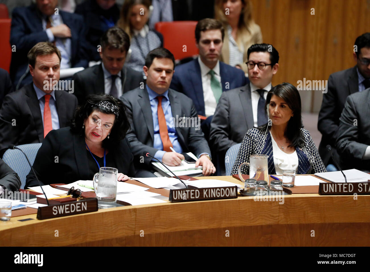 Untied Nations, Front) addresses a Security Council meeting at the UN headquarters in New York. 13th Apr, 2018. British Ambassador to the United Nations Karen Pierce (L, Front) addresses a Security Council meeting at the UN headquarters in New York, on April 13, 2018. UN Secretary-General Antonio Guterres on Friday warned of the danger of a full-blown military escalation in Syria. Credit: Li Muzi/Xinhua/Alamy Live News Stock Photo