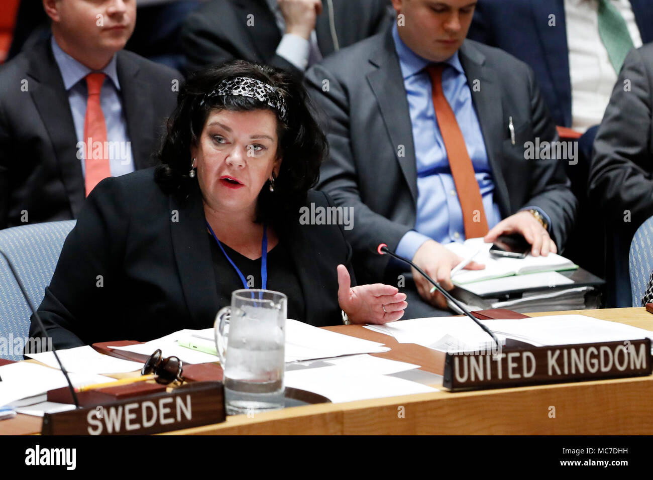 Untied Nations. 13th Apr, 2018. British Ambassador to the United Nations Karen Pierce (Front) addresses a Security Council meeting at the UN headquarters in New York, on April 13, 2018. UN Secretary-General Antonio Guterres on Friday warned of the danger of a full-blown military escalation in Syria. Credit: Li Muzi/Xinhua/Alamy Live News Stock Photo