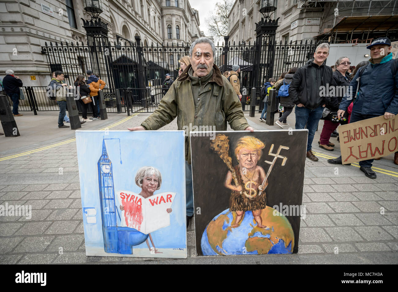 London, UK. 13th April 2018. Demonstration by anti-war protesters organised by Stop the War Coalition staged opposite Downing Street against proposed air strikes on Syria. Credit: Guy Corbishley/Alamy Live News Stock Photo