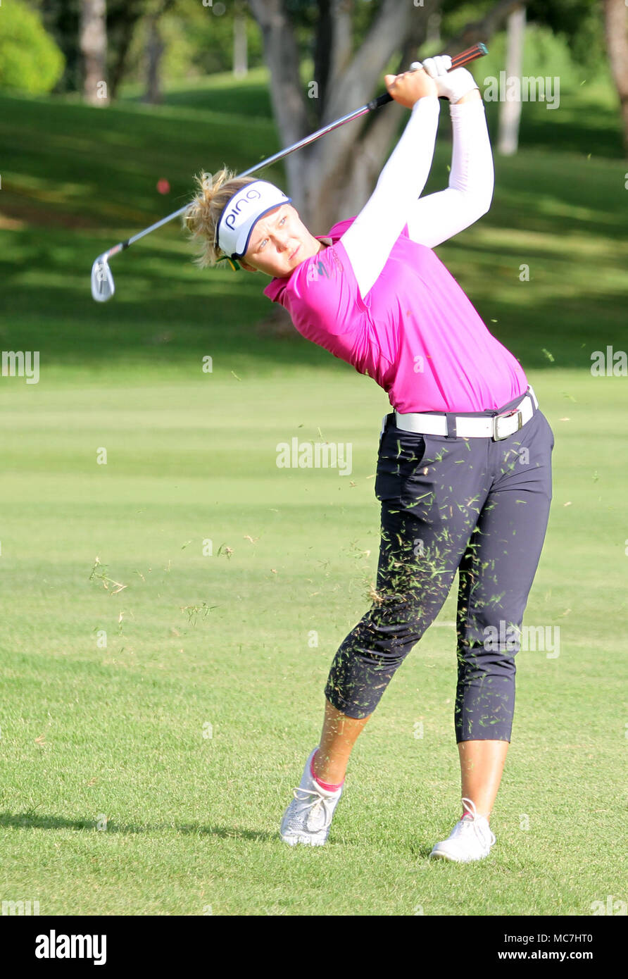 April 13, 2018 - Leader Brooke M. Henderson hits her second on the 18th hole during the third round of the LPGA LOTTE Championship at the Ko Olina Golf Club in Kapolei, HI - Michael Sullivan/CSM Stock Photo