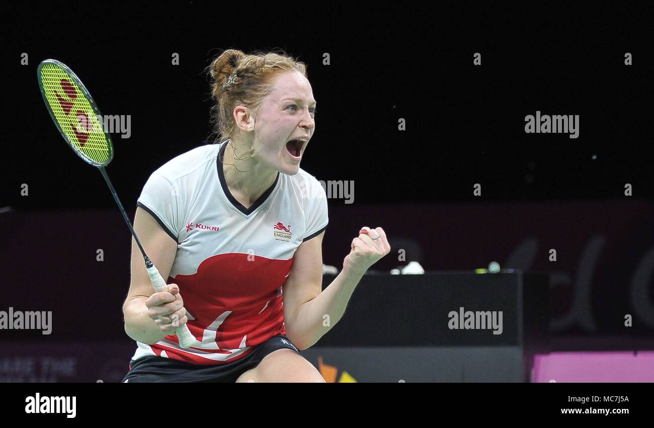 Queensland, Australia, 14 April 2018. Lauren Smith (ENG) celebrates. Womens doubles. Semi final. Badminton. XXI Commonwealth games. Carrara Sports Hall 2. Gold Coast 2018. Queensland