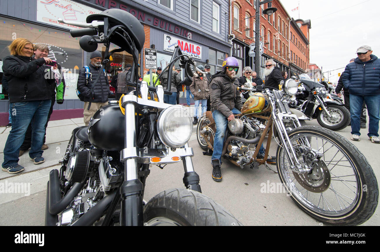 Port Dover, Canada. 13th Apr, 2018. People gather for the Friday the 13th Motorcycle Rally in Port Dover, Ontario, Canada, on April 13, 2018. The traditional event is held every Friday the 13th in the small southwestern Ontario town since 1981. Credit: Zou Zheng/Xinhua/Alamy Live News Stock Photo