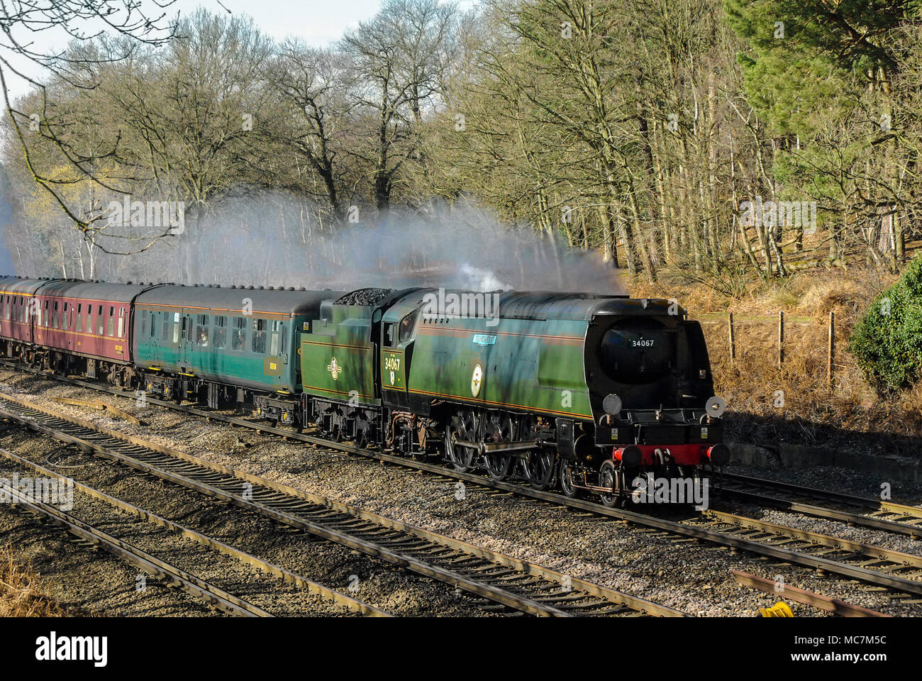 Tangmere 34067, Bulleid light pacific steam locomotive. Battle of Britain class loco on the BR mainline hauling a steam special train. Tree lined cut Stock Photo