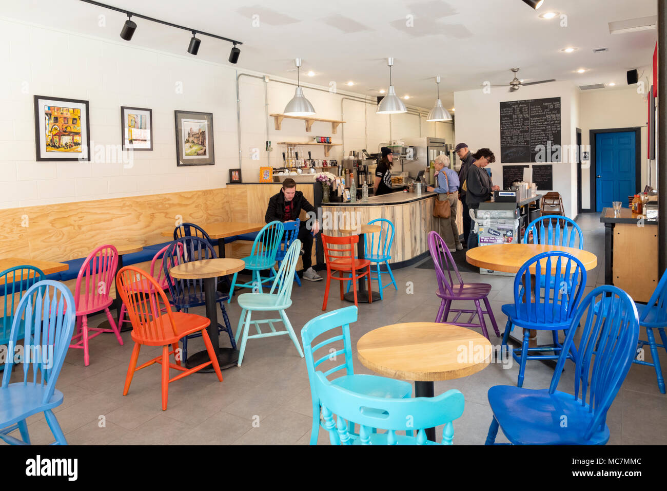 Customers and barrista; Cafe Dawn; coffee shop; Salida; Colorado; USA Stock Photo