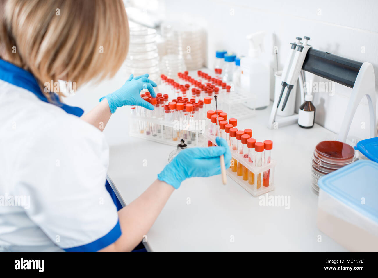 Female laboratory assistant working with test tubes in the