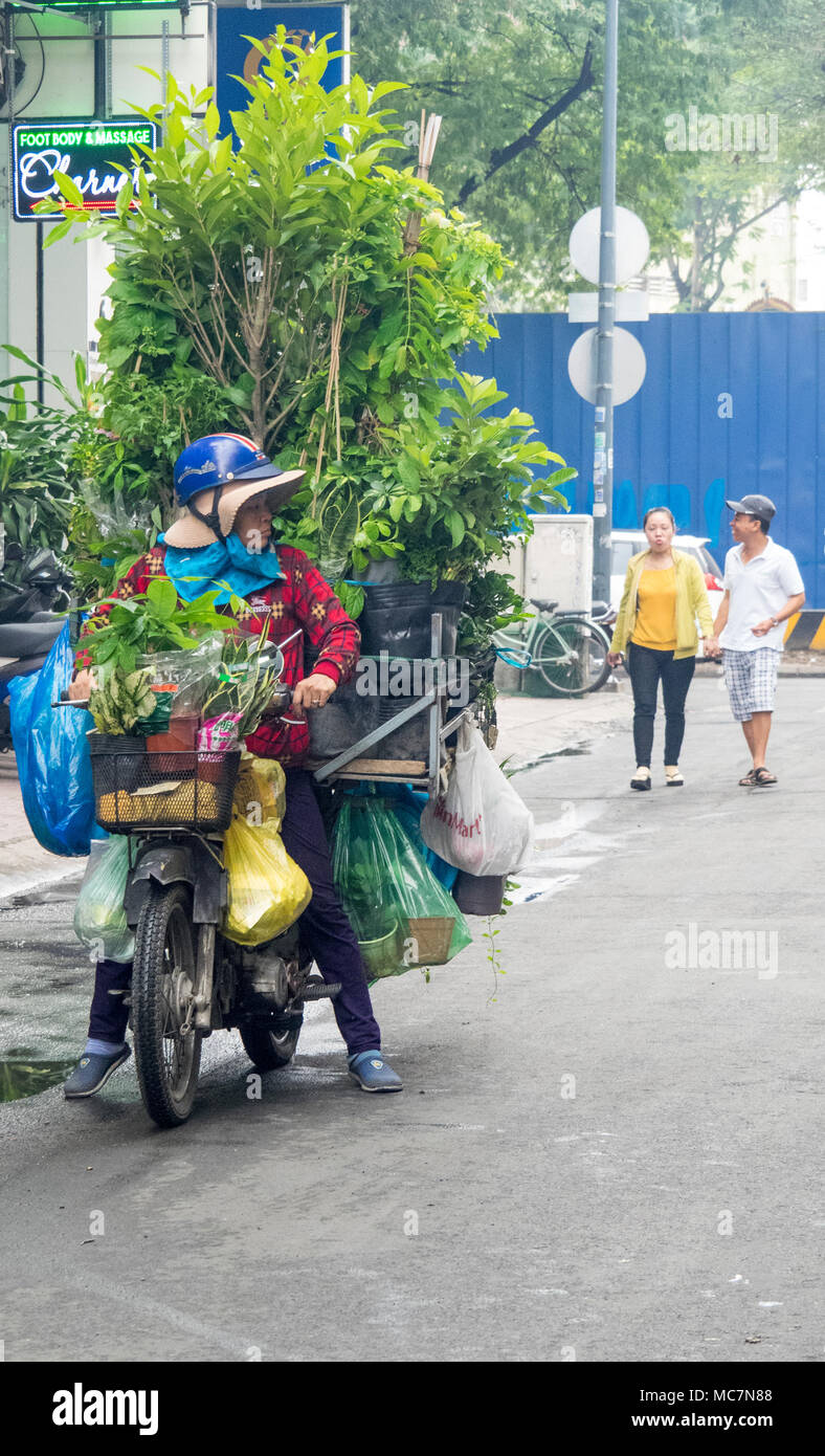 A woman on a motorcycle loaded with pot plants in Ho Chi Minh City, Vietnam. Stock Photo