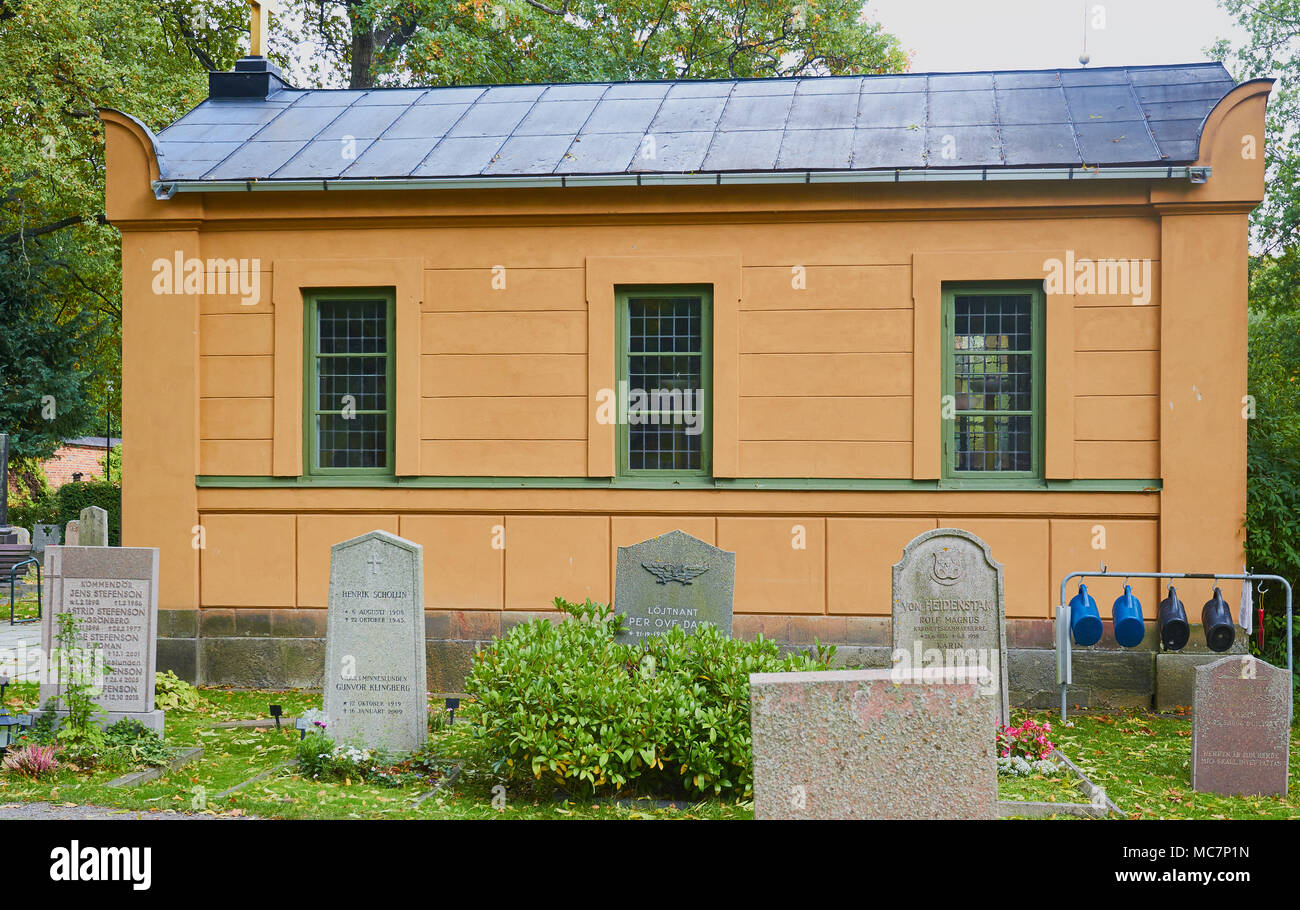 Chapel and graves in Galarvarvskyrkogarden (galley shipyard cemetery), Djurgarden, Stockholm, Sweden, Scandinavia Established in 1742 Stock Photo