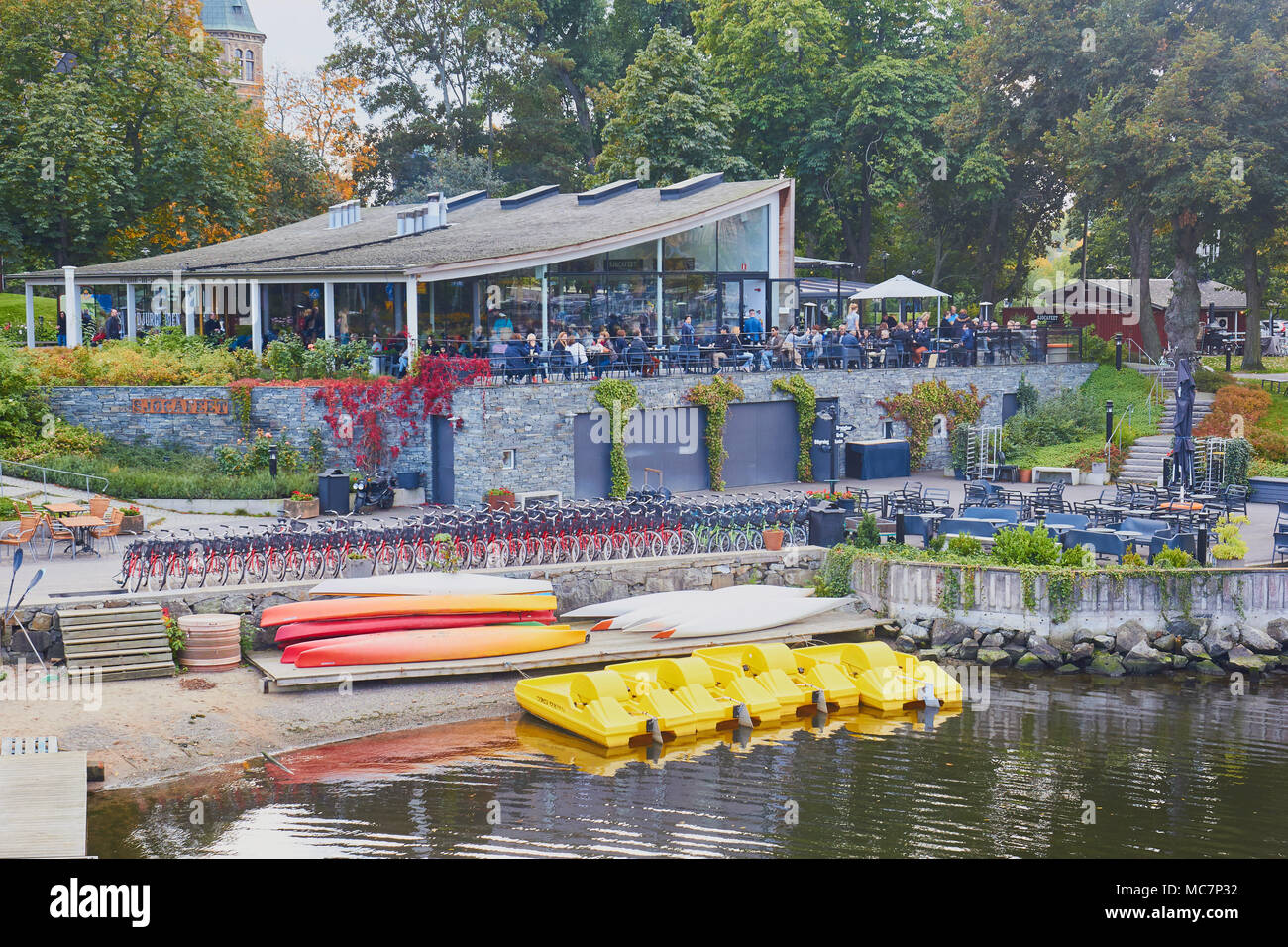 Restaurant, bar, cafe and bicycle, pedal boat and kayak hire, Djurgarden, Stockholm, Sweden, Scandinavia Stock Photo