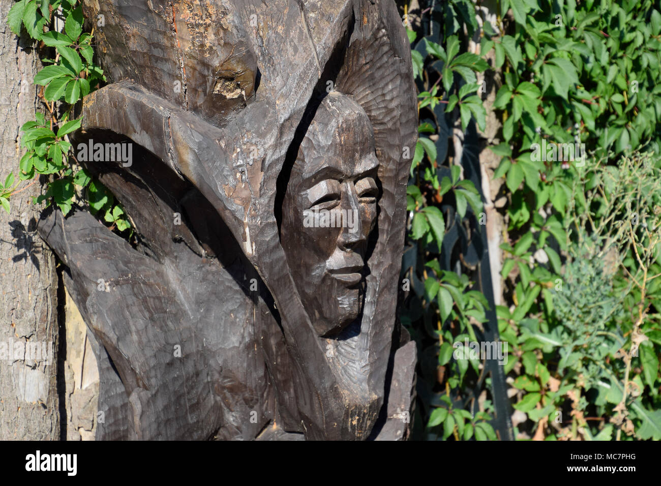 Wooden idol. Woodcarving. Man's face is carved on the trunk of a log Stock Photo