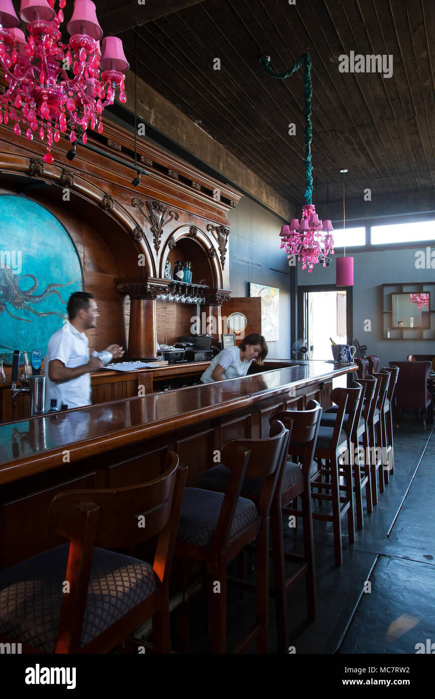 Servers at the bar Manzanilla, Ensenada, Baja California, Mexico Stock