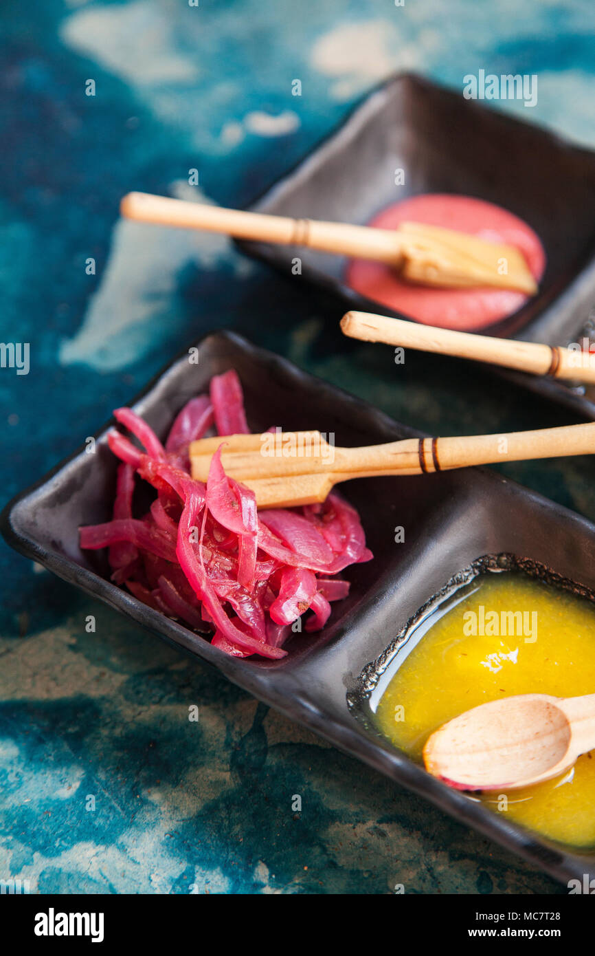 Salsas and garnishes Tras/Horizonte Tijuana, Baja California,  Mexico Stock Photo