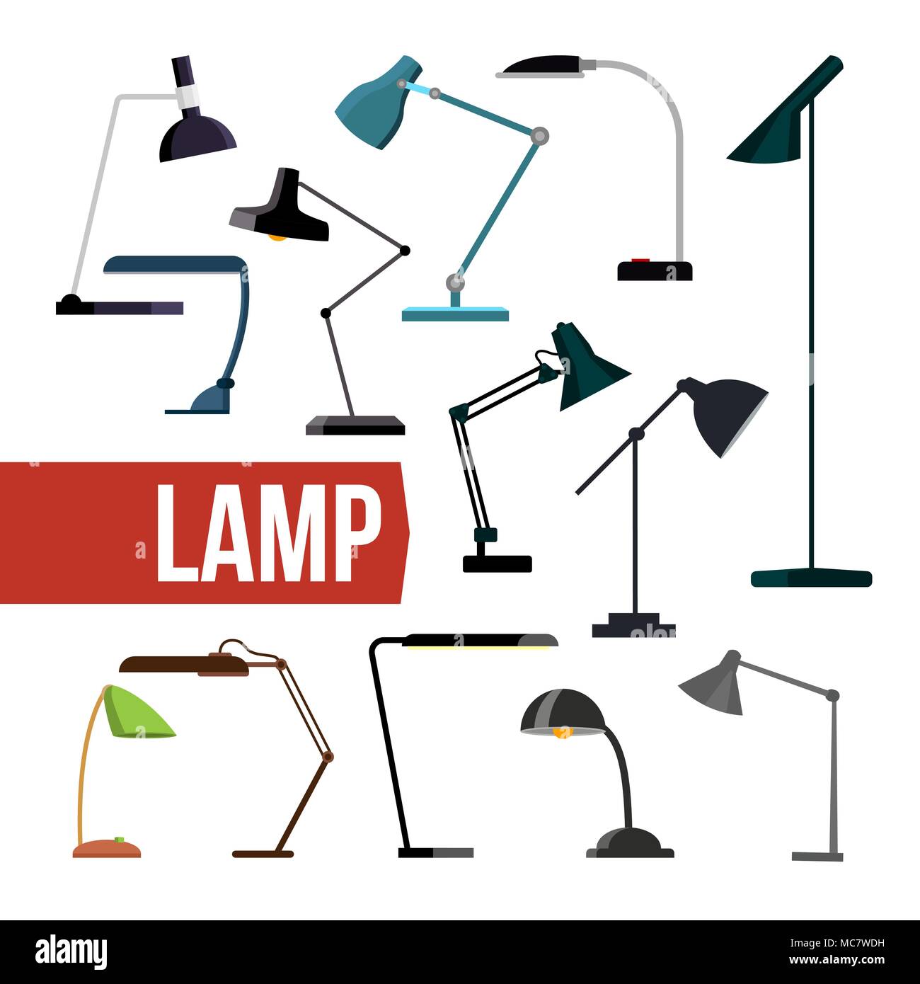 Lamp Set Vector. Table Desk Office Modern Lamps. Indoor Electricity